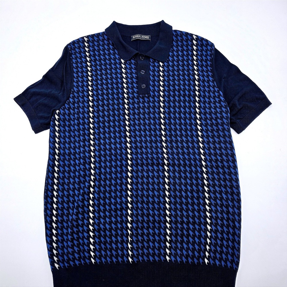 PJ PAUL JONES Mens Large Knit Polo Shirt Houndstooth Blue Short Sleeve Button Up